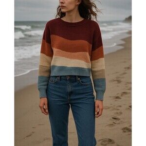 Garnet Hill Skyline Linen and Organic Cotton Color Wave Sweater Size Small